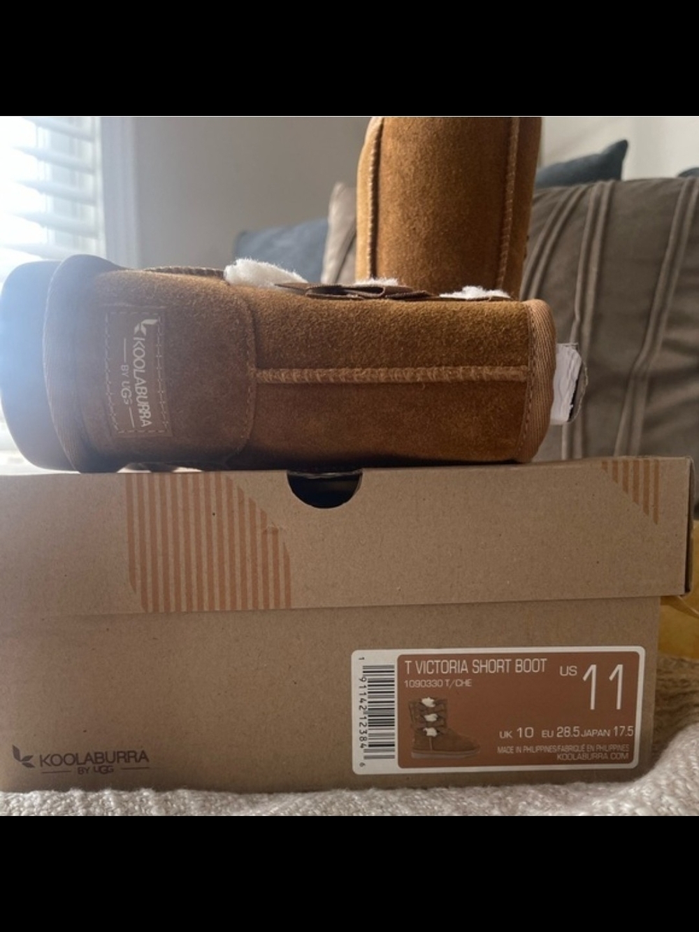 Koolaburra Tan Suede Short Boot with Shearling Trim - Picture 2 of 3